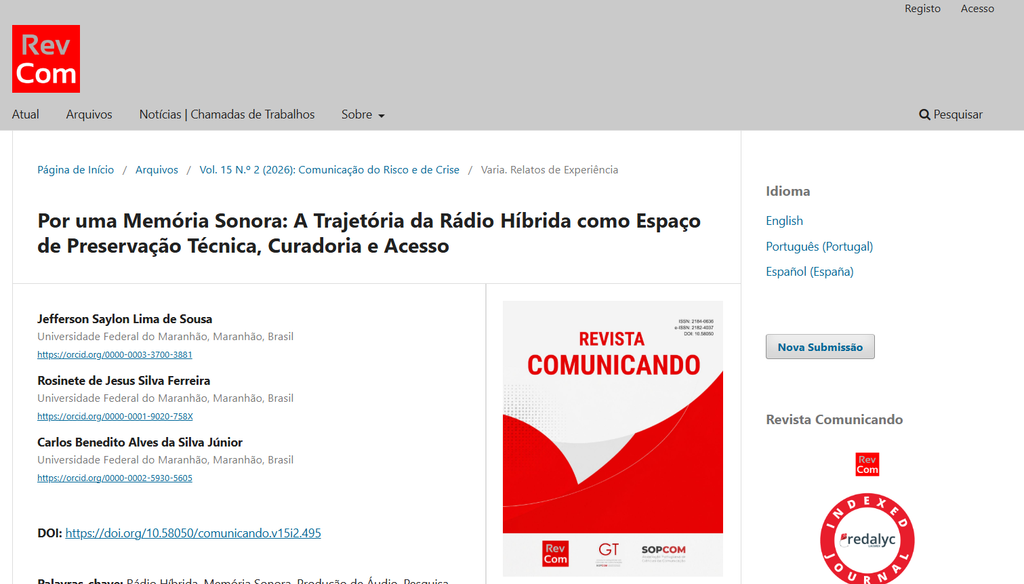 Print da página oficial do artigo no site da revista Comunicando.